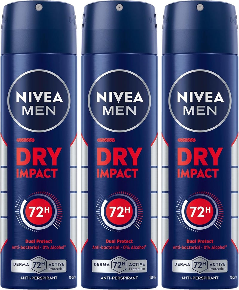 NIVEA MEN Antiperspirant Spray, Dry Impact, 3 Pack of 150ml - Image 1
